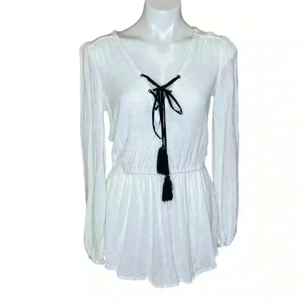 Free People tunic top black lace up tassels detail